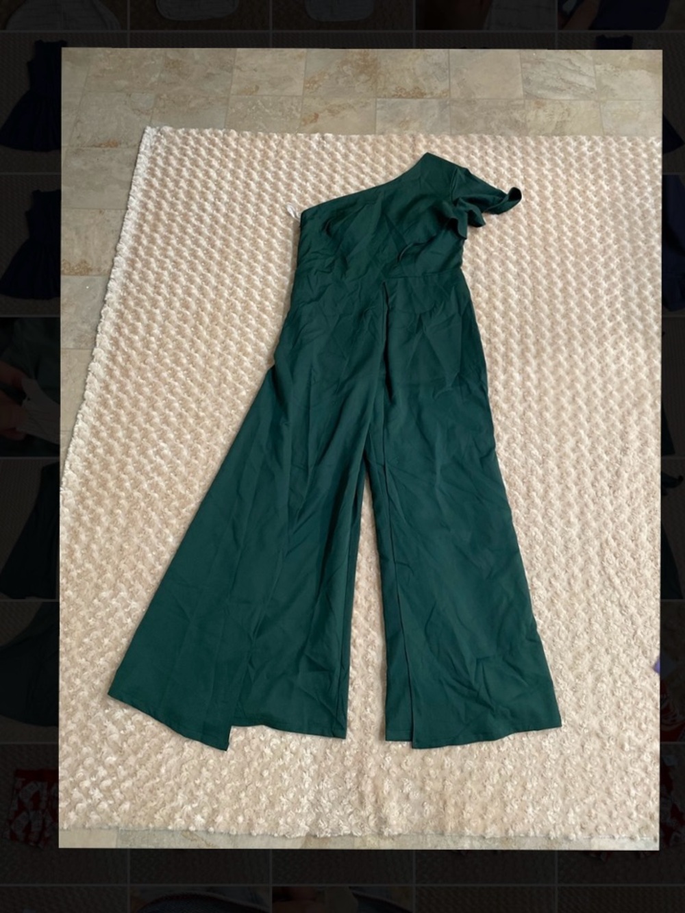 New Women 14 dark green one-shoulder jumpsuit featuring a playful ruffled accent